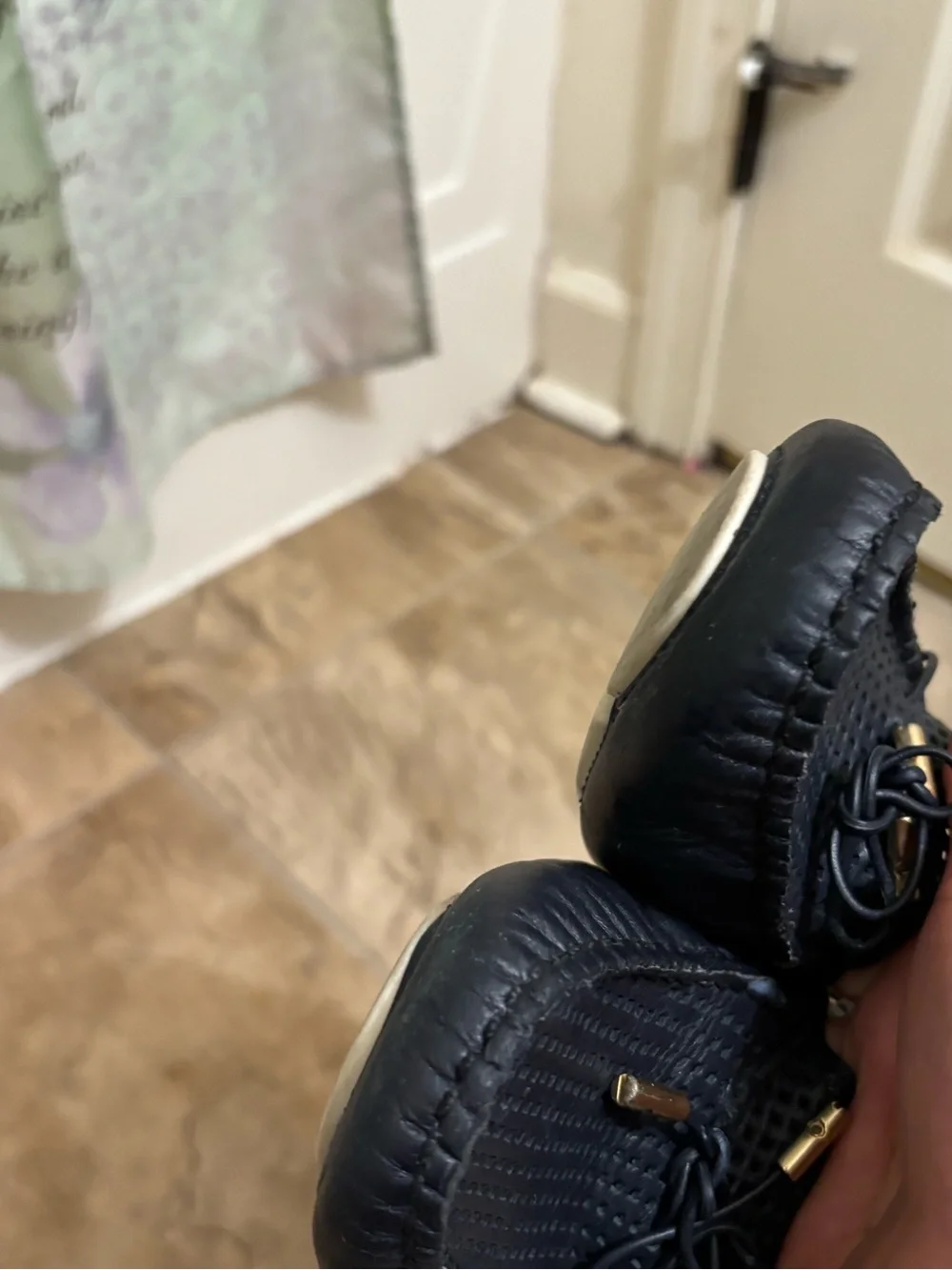 Tory Burch Black Perforated Leather Driving Loafers with Gold Accents